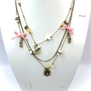 Rare Betsey Johnson Triple Strand Ballerina Necklace Swan Ballet Shoes Pink Bows